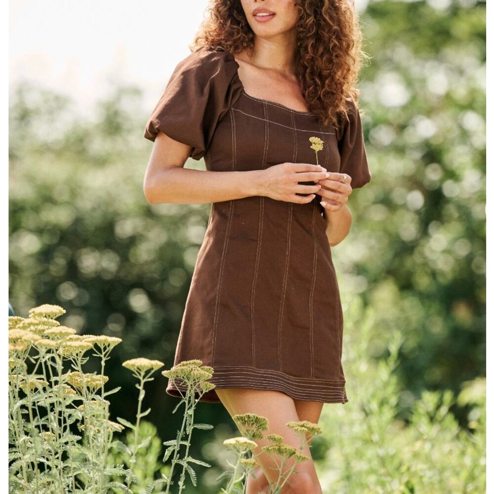 Altar'd State Brown Denim Square Neck Puff Sleeve Mini Dress Medium